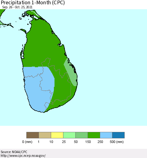 Sri Lanka Precipitation 1-Month (CPC) Thematic Map For 9/26/2021 - 10/25/2021