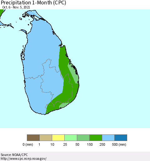Sri Lanka Precipitation 1-Month (CPC) Thematic Map For 10/6/2021 - 11/5/2021