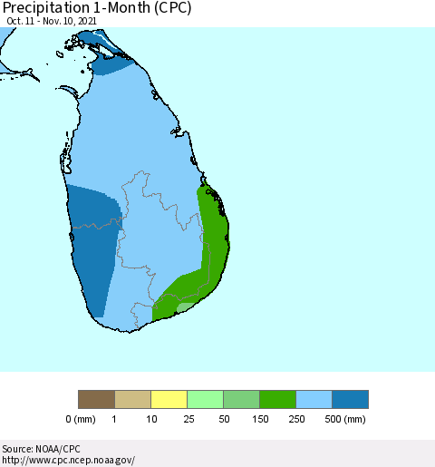Sri Lanka Precipitation 1-Month (CPC) Thematic Map For 10/11/2021 - 11/10/2021