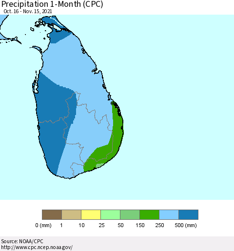 Sri Lanka Precipitation 1-Month (CPC) Thematic Map For 10/16/2021 - 11/15/2021