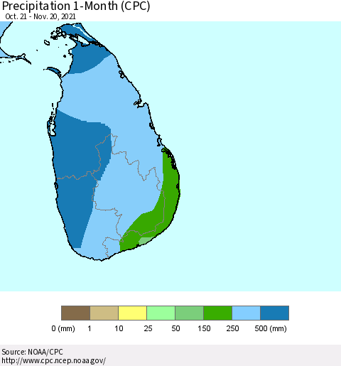 Sri Lanka Precipitation 1-Month (CPC) Thematic Map For 10/21/2021 - 11/20/2021