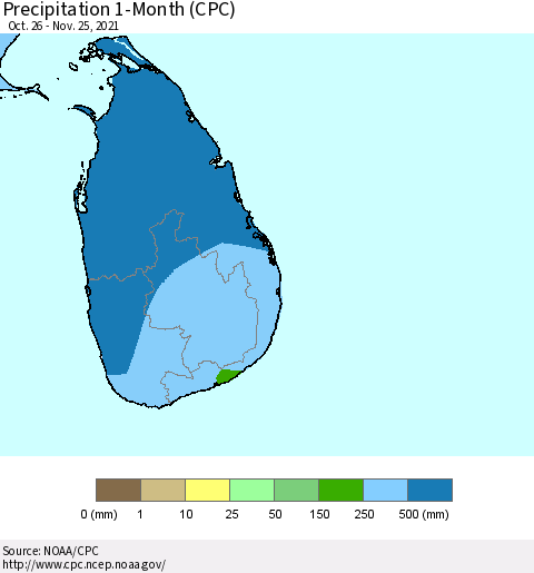 Sri Lanka Precipitation 1-Month (CPC) Thematic Map For 10/26/2021 - 11/25/2021