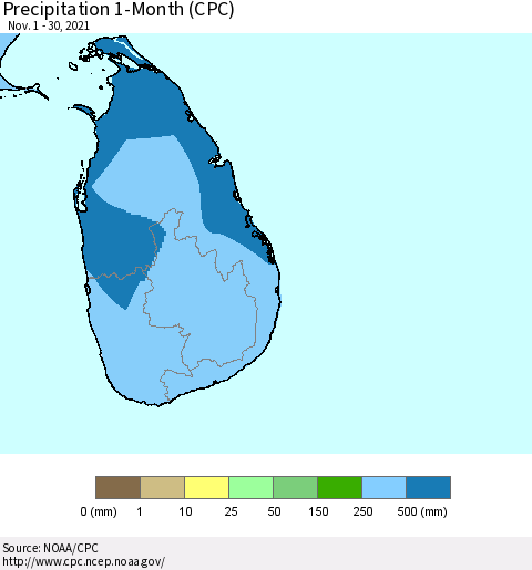 Sri Lanka Precipitation 1-Month (CPC) Thematic Map For 11/1/2021 - 11/30/2021