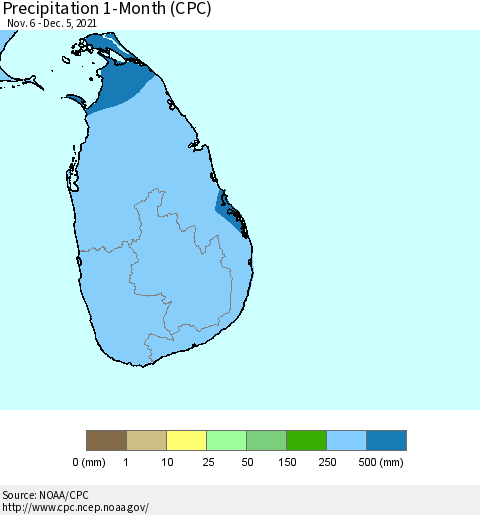 Sri Lanka Precipitation 1-Month (CPC) Thematic Map For 11/6/2021 - 12/5/2021
