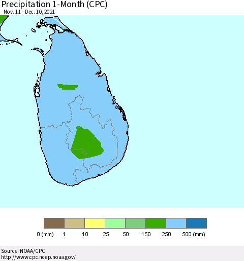 Sri Lanka Precipitation 1-Month (CPC) Thematic Map For 11/11/2021 - 12/10/2021