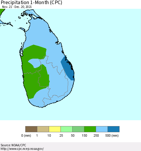 Sri Lanka Precipitation 1-Month (CPC) Thematic Map For 11/21/2021 - 12/20/2021