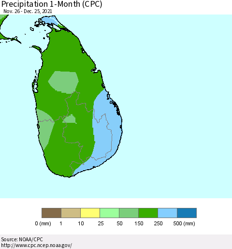 Sri Lanka Precipitation 1-Month (CPC) Thematic Map For 11/26/2021 - 12/25/2021