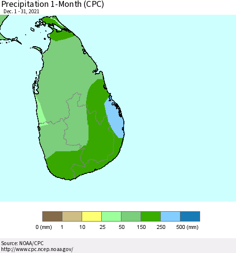 Sri Lanka Precipitation 1-Month (CPC) Thematic Map For 12/1/2021 - 12/31/2021