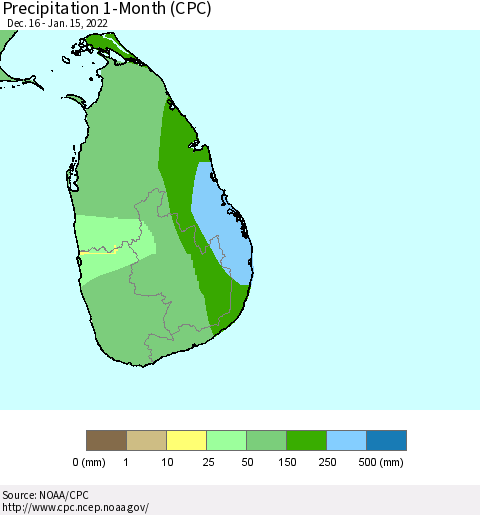 Sri Lanka Precipitation 1-Month (CPC) Thematic Map For 12/16/2021 - 1/15/2022