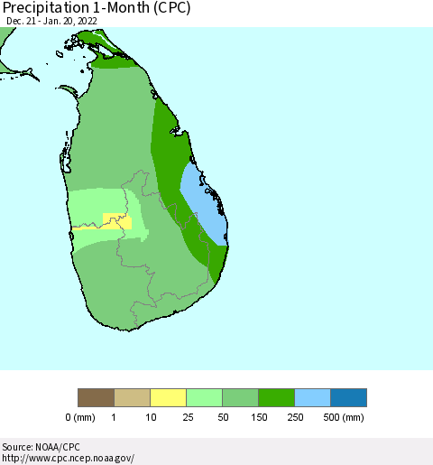Sri Lanka Precipitation 1-Month (CPC) Thematic Map For 12/21/2021 - 1/20/2022