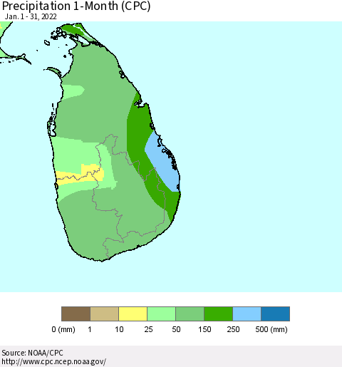 Sri Lanka Precipitation 1-Month (CPC) Thematic Map For 1/1/2022 - 1/31/2022