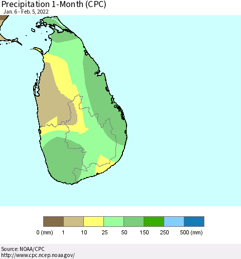 Sri Lanka Precipitation 1-Month (CPC) Thematic Map For 1/6/2022 - 2/5/2022