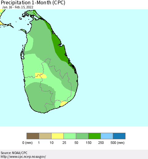 Sri Lanka Precipitation 1-Month (CPC) Thematic Map For 1/16/2022 - 2/15/2022