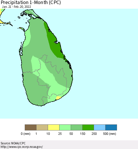 Sri Lanka Precipitation 1-Month (CPC) Thematic Map For 1/21/2022 - 2/20/2022