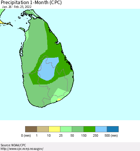 Sri Lanka Precipitation 1-Month (CPC) Thematic Map For 1/26/2022 - 2/25/2022