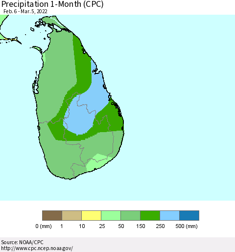 Sri Lanka Precipitation 1-Month (CPC) Thematic Map For 2/6/2022 - 3/5/2022
