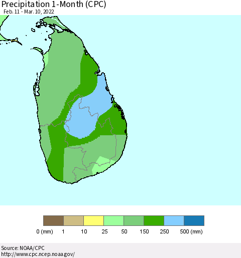 Sri Lanka Precipitation 1-Month (CPC) Thematic Map For 2/11/2022 - 3/10/2022