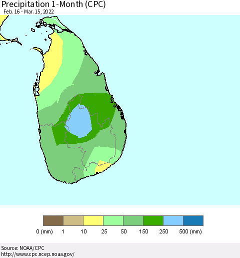 Sri Lanka Precipitation 1-Month (CPC) Thematic Map For 2/16/2022 - 3/15/2022