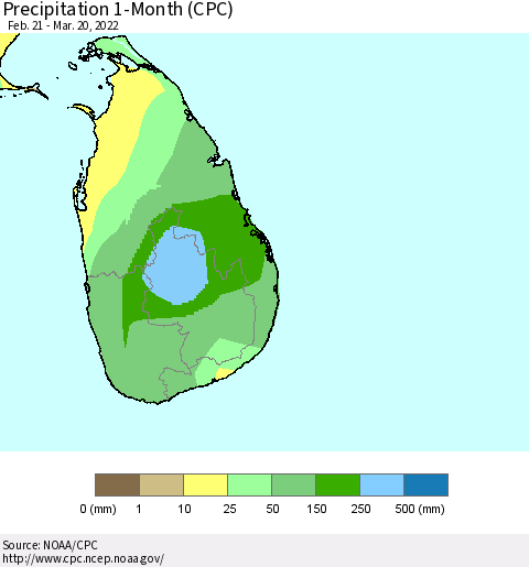 Sri Lanka Precipitation 1-Month (CPC) Thematic Map For 2/21/2022 - 3/20/2022