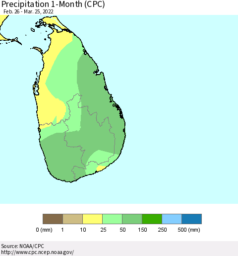 Sri Lanka Precipitation 1-Month (CPC) Thematic Map For 2/26/2022 - 3/25/2022