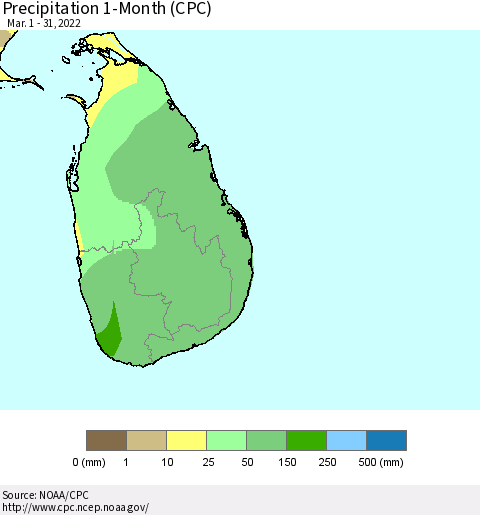 Sri Lanka Precipitation 1-Month (CPC) Thematic Map For 3/1/2022 - 3/31/2022
