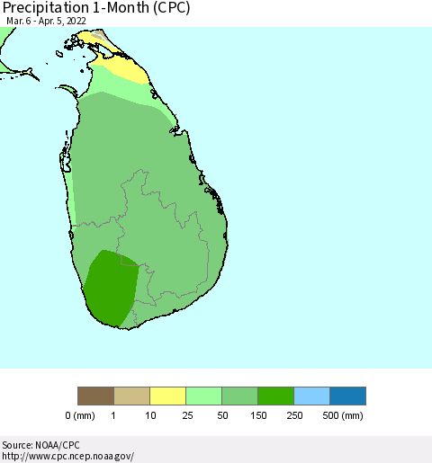 Sri Lanka Precipitation 1-Month (CPC) Thematic Map For 3/6/2022 - 4/5/2022