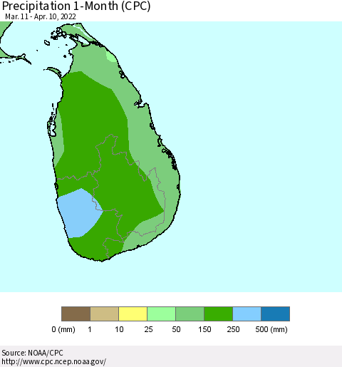 Sri Lanka Precipitation 1-Month (CPC) Thematic Map For 3/11/2022 - 4/10/2022