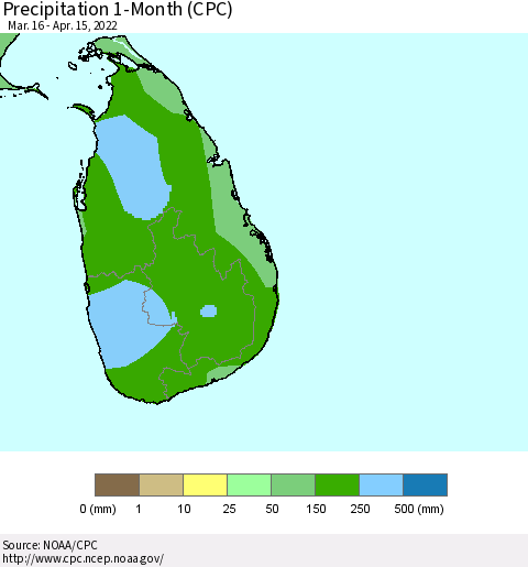 Sri Lanka Precipitation 1-Month (CPC) Thematic Map For 3/16/2022 - 4/15/2022