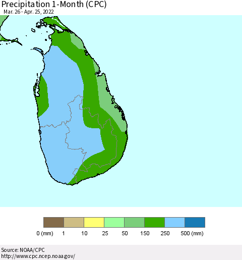 Sri Lanka Precipitation 1-Month (CPC) Thematic Map For 3/26/2022 - 4/25/2022