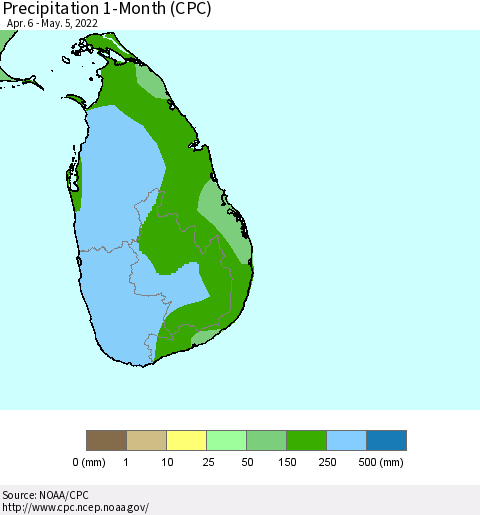 Sri Lanka Precipitation 1-Month (CPC) Thematic Map For 4/6/2022 - 5/5/2022