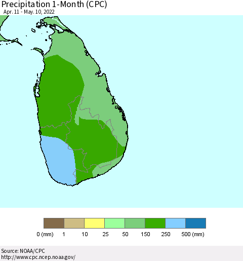 Sri Lanka Precipitation 1-Month (CPC) Thematic Map For 4/11/2022 - 5/10/2022
