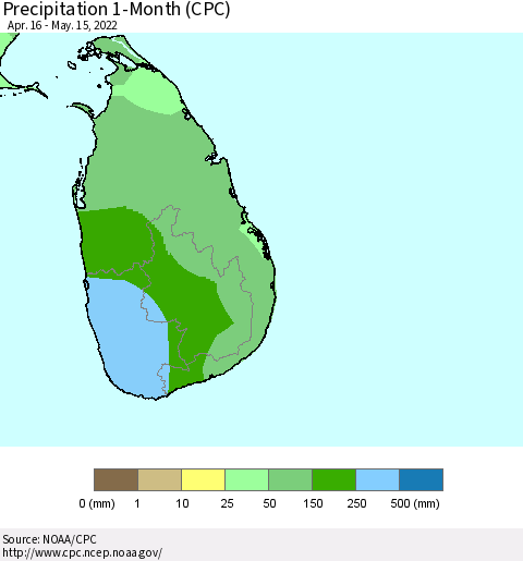 Sri Lanka Precipitation 1-Month (CPC) Thematic Map For 4/16/2022 - 5/15/2022