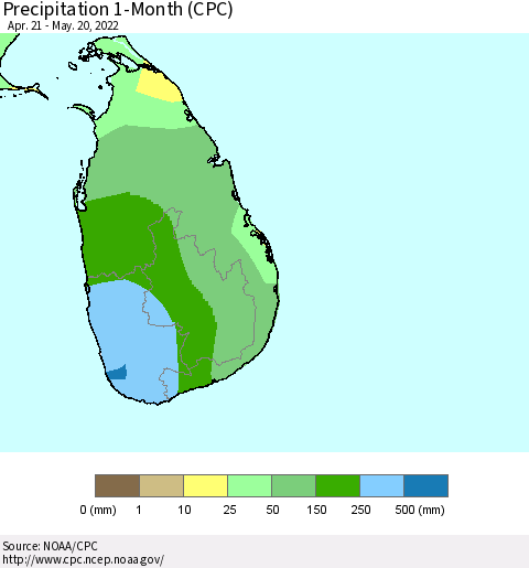 Sri Lanka Precipitation 1-Month (CPC) Thematic Map For 4/21/2022 - 5/20/2022