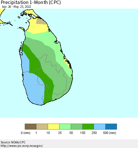 Sri Lanka Precipitation 1-Month (CPC) Thematic Map For 4/26/2022 - 5/25/2022