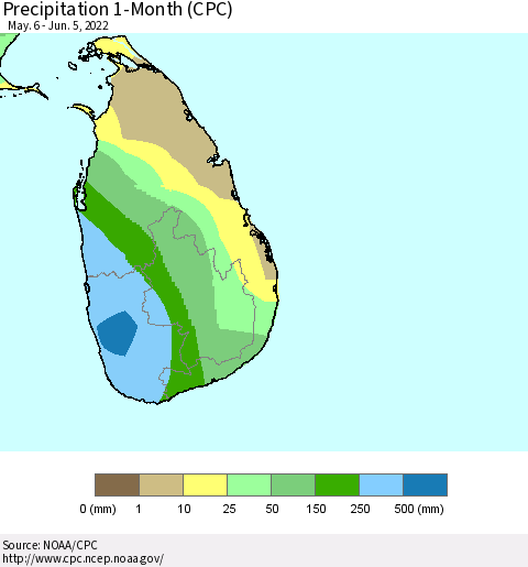 Sri Lanka Precipitation 1-Month (CPC) Thematic Map For 5/6/2022 - 6/5/2022