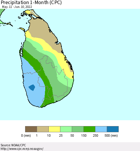 Sri Lanka Precipitation 1-Month (CPC) Thematic Map For 5/11/2022 - 6/10/2022