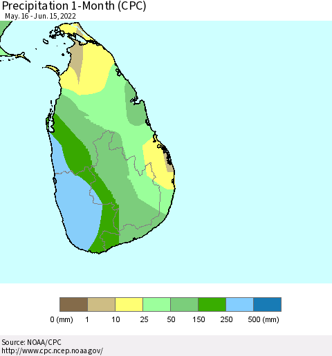 Sri Lanka Precipitation 1-Month (CPC) Thematic Map For 5/16/2022 - 6/15/2022