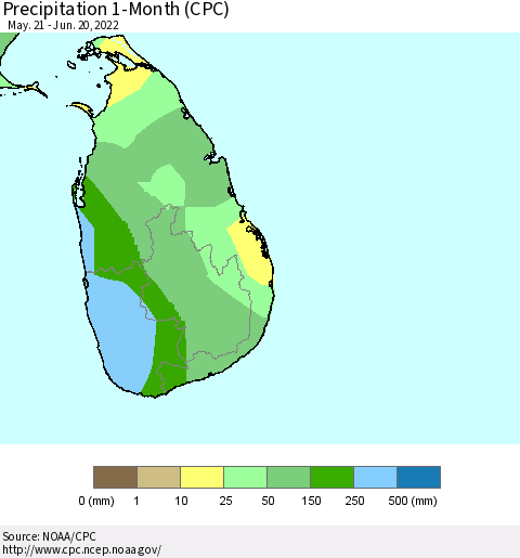 Sri Lanka Precipitation 1-Month (CPC) Thematic Map For 5/21/2022 - 6/20/2022