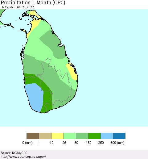 Sri Lanka Precipitation 1-Month (CPC) Thematic Map For 5/26/2022 - 6/25/2022