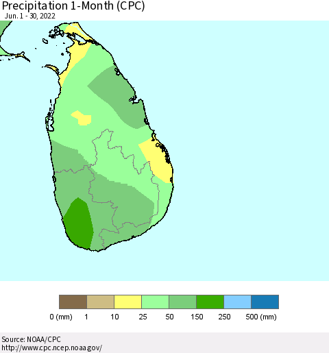 Sri Lanka Precipitation 1-Month (CPC) Thematic Map For 6/1/2022 - 6/30/2022