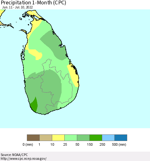 Sri Lanka Precipitation 1-Month (CPC) Thematic Map For 6/11/2022 - 7/10/2022