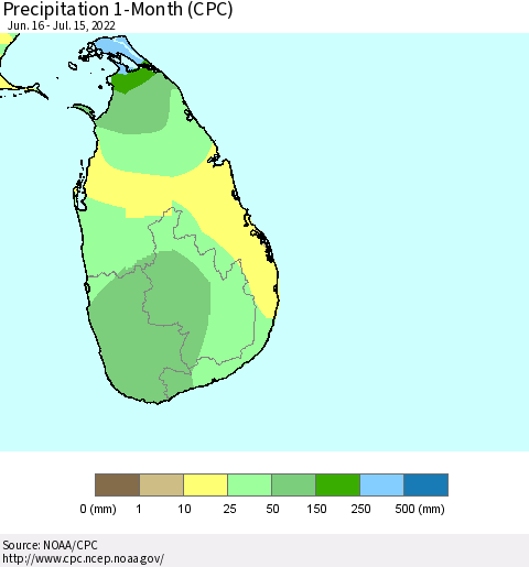 Sri Lanka Precipitation 1-Month (CPC) Thematic Map For 6/16/2022 - 7/15/2022