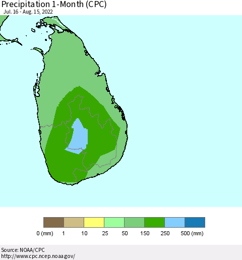 Sri Lanka Precipitation 1-Month (CPC) Thematic Map For 7/16/2022 - 8/15/2022