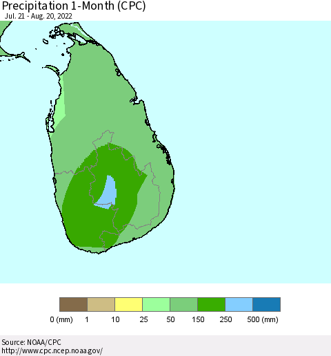 Sri Lanka Precipitation 1-Month (CPC) Thematic Map For 7/21/2022 - 8/20/2022