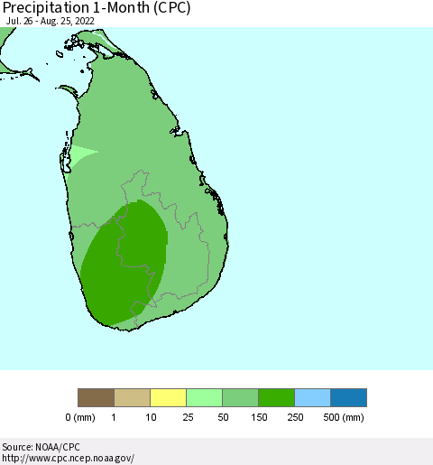 Sri Lanka Precipitation 1-Month (CPC) Thematic Map For 7/26/2022 - 8/25/2022