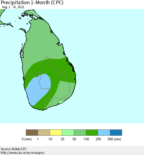 Sri Lanka Precipitation 1-Month (CPC) Thematic Map For 8/1/2022 - 8/31/2022