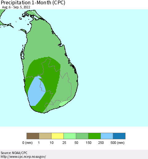 Sri Lanka Precipitation 1-Month (CPC) Thematic Map For 8/6/2022 - 9/5/2022