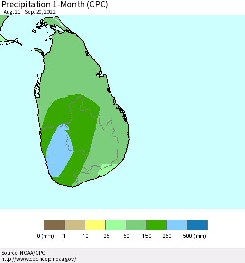 Sri Lanka Precipitation 1-Month (CPC) Thematic Map For 8/21/2022 - 9/20/2022