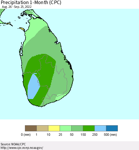 Sri Lanka Precipitation 1-Month (CPC) Thematic Map For 8/26/2022 - 9/25/2022