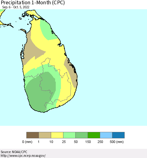Sri Lanka Precipitation 1-Month (CPC) Thematic Map For 9/6/2022 - 10/5/2022
